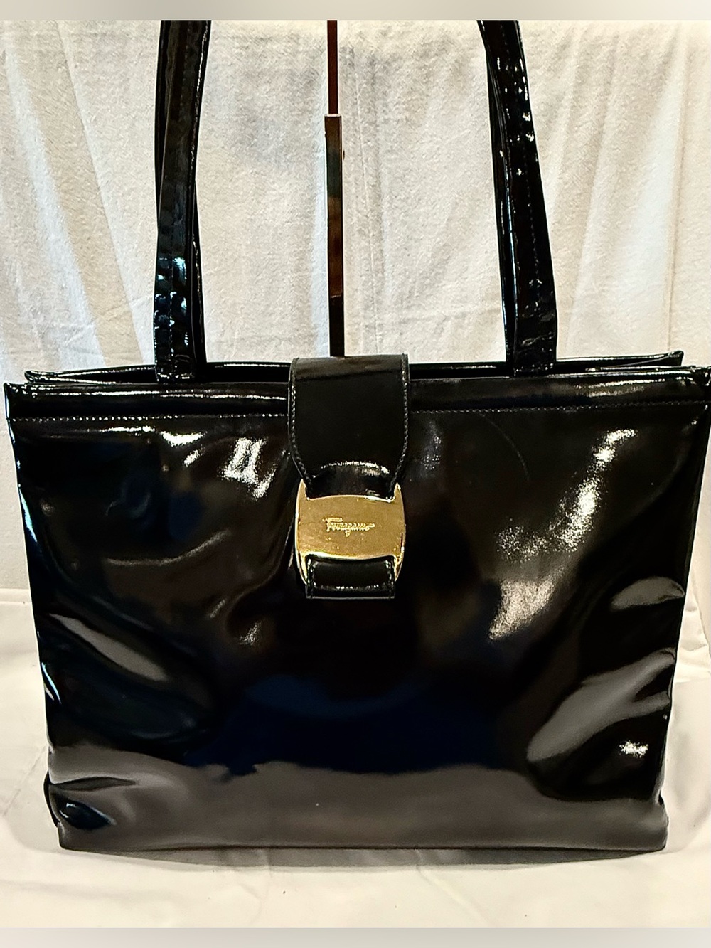 Vintage Salvatore Ferragamo Vara Black Patent Leather Shoulder Tote Bag
